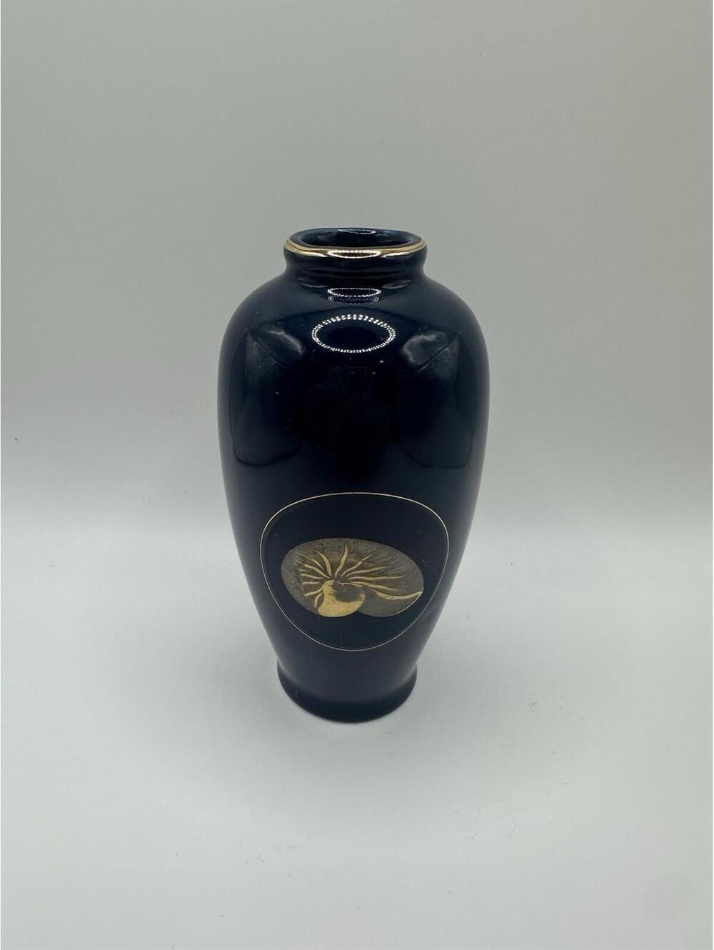 Vintage Otagiri Japan Nautilis Vase Cobalt Blue With Gold Shell 4” Excellent